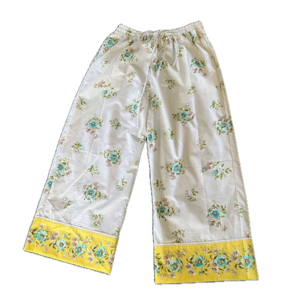 Handmade Floral Wide Leg Pants White Yellow Blue Lace Trim Sz XL